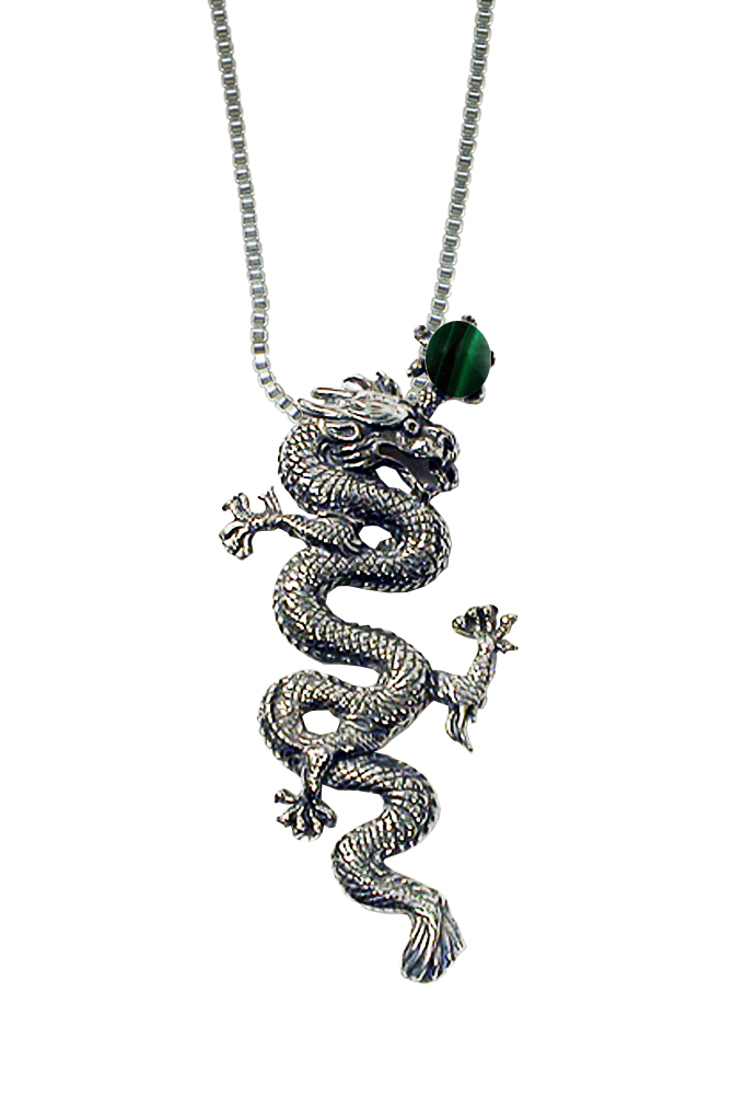 Sterling Silver Dragon of the Ages Pendant With Malachite